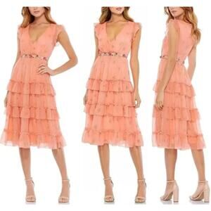 Mac Duggal Floral Print Ruffle Tiered Faux Wrap Dress Coral Flawed Size 6 NWT
